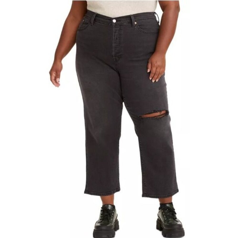 New Levi's Wedgie Straight Plus Size 22W Distressed Button Fly Black Jeans Women